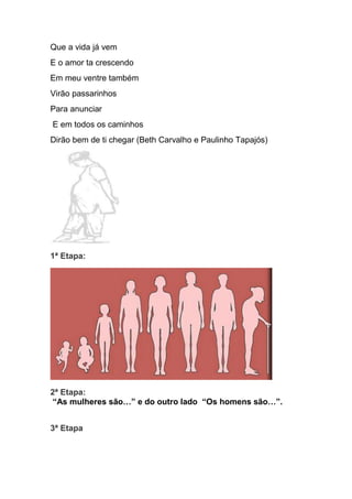 Que a vida já vem 
E o amor ta crescendo 
Em meu ventre também 
Virão passarinhos 
Para anunciar 
E em todos os caminhos 
Dirão bem de ti chegar (Beth Carvalho e Paulinho Tapajós) 
1ª Etapa: 
2ª Etapa: 
“As mulheres são…” e do outro lado “Os homens são…”. 
3ª Etapa 
 