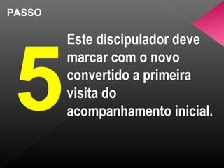 PASSO
5
Este discipulador deve
marcar com o novo
convertido a primeira
visita do
acompanhamento inicial.
 