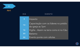 4
Abril
D I A E V E N T O
9 Impacto
1 4
Capacitação com os lideres no prédio
da igreja as 7pm
1 6 Vigilia - Assim na terra como é no Céu
2 3 Batismo
3 0 Evento ponte com células
 
