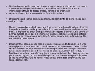 • O primeiro degrau do amor, ele diz que, mesmo que se apaixone por uma pessoa,
a pessoa é atraída por qualidades e o amor físico. O ser humano busca a
imortalidade através da pessoa amada, por meio da procriação.
• O passo número dois é amar todas as formas físicas belas.
• O terceiro passo é amar a beleza da mente, independente da forma física à qual
ela está associada.
• O quarto passo da escada do amor é a ética - o amor pelas práticas belas. Envolve
integridade, justiça, bondade, consideração - características que também contêm
beleza e impelem ao amor. É um passo mais abrangente e universal. Ele conduz ao
degrau número cinco, que é o amor pelas instituições belas. Esse quinto estágio
diz respeito ao modo como a sociedade funciona quando suas instituições estão
em equilíbrio e harmonia.
• Desse ponto, a alma ascende para o sexto degrau da escada do amor. Ele é uma
curva gigantesca para o alto, em direção ao universal e ao abstrato. A isso Platão
chama "ciência", ou seja, conhecimento e compreensão. No sexto passo você se
apaixona pela ciência, que articula não só as leis que governam o indivíduo, a
família e a sociedade, mas algo que transcende o meio local. Depois de passarmos
por todos os degraus, ocorre, no sétimo passo, uma diferença de gradação; você
já não vê a manifestação da beleza, mas a beleza em si. Esse é o ponto alto dos
sagrados mistérios.
 