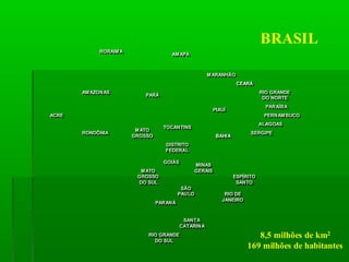 BAHIABAHIA
CEARÁCEARÁ
AMAZONASAMAZONAS
ACREACRE
RONDÔNIARONDÔNIA
RORAIMARORAIMA
AMAPÁAMAPÁ
PARÁPARÁ
MATO
GROSSO
MATO
GROSSO
MATO
GROSSO
DO SUL
MATO
GROSSO
DO SUL
TOCANTINSTOCANTINS
MARANHÃOMARANHÃO
GOIÁSGOIÁS
DISTRITO
FEDERAL
DISTRITO
FEDERAL
MINAS
GERAIS
MINAS
GERAIS
ESPÍRITO
SANTO
ESPÍRITO
SANTO
RIO DE
JANEIRO
RIO DE
JANEIRO
SÃO
PAULO
SÃO
PAULO
PARANÁPARANÁ
SANTA
CATARINA
SANTA
CATARINA
RIO GRANDE
DO SUL
RIO GRANDE
DO SUL
RIO GRANDE
DO NORTE
RIO GRANDE
DO NORTE
PARAÍBAPARAÍBA
ALAGOASALAGOAS
SERGIPESERGIPE
PERNAMBUCOPERNAMBUCO
PIAUÍPIAUÍ
BRASIL
8,5 milhões de km2
169 milhões de habitantes
 