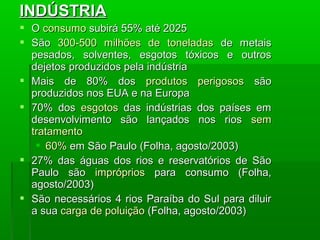 INDÚSTRIAINDÚSTRIA
 OO consumoconsumo subirá 55% até 2025subirá 55% até 2025
 SãoSão 300-500 milhões de toneladas300-500 milhões de toneladas de metaisde metais
pesados, solventes, esgotos tóxicos e outrospesados, solventes, esgotos tóxicos e outros
dejetos produzidos pela indústriadejetos produzidos pela indústria
 Mais de 80% dosMais de 80% dos produtos perigososprodutos perigosos sãosão
produzidos nos EUA e na Europaproduzidos nos EUA e na Europa
 70% dos70% dos esgotosesgotos das indústrias dos países emdas indústrias dos países em
desenvolvimento são lançados nos riosdesenvolvimento são lançados nos rios semsem
tratamentotratamento
 60%60% em São Pauloem São Paulo (Folha, agosto/2003)(Folha, agosto/2003)
 27% das águas dos rios e reservatórios de São27% das águas dos rios e reservatórios de São
Paulo sãoPaulo são imprópriosimpróprios para consumo (Folha,para consumo (Folha,
agosto/2003)agosto/2003)
 São necessários 4 rios Paraíba do Sul para diluirSão necessários 4 rios Paraíba do Sul para diluir
a suaa sua carga de poluiçãocarga de poluição (Folha, agosto/2003)(Folha, agosto/2003)
 