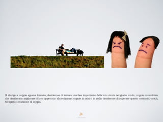 Si rivolge a: coppie appena formate, desiderose di iniziare una fase importante della loro storia nel giusto modo; coppie consolidate che desiderano migliorare il loro approccio alla relazione; coppie in crisi o in stallo desiderose di superare questo ostacolo; coach, terapisti e counselor di coppia. 