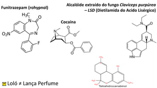 Funitrazepam (rohypnol)
Alcalóide extraído do fungo Claviceps purpúrea
– LSD (Dietilamida do Acido Lisérgico)
Loló ≠ Lança Perfume
Cocaína
 