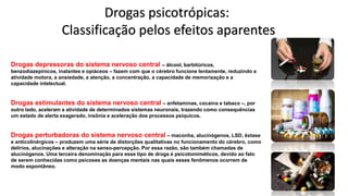 Drogas depressoras do sistema nervoso central – álcool, barbitúricos,
benzodiazepínicos, inalantes e opiáceos – fazem com que o cérebro funcione lentamente, reduzindo a
atividade motora, a ansiedade, a atenção, a concentração, a capacidade de memorização e a
capacidade intelectual.
Drogas estimulantes do sistema nervoso central – anfetaminas, cocaína e tabaco –, por
outro lado, aceleram a atividade de determinados sistemas neuronais, trazendo como consequências
um estado de alerta exagerado, insônia e aceleração dos processos psíquicos.
Drogas perturbadoras do sistema nervoso central – maconha, alucinógenos, LSD, êxtase
e anticolinérgicos – produzem uma série de distorções qualitativas no funcionamento do cérebro, como
delírios, alucinações e alteração na senso-percepção. Por essa razão, são também chamadas de
alucinógenos. Uma terceira denominação para esse tipo de droga é psicotomiméticos, devido ao fato
de serem conhecidas como psicoses as doenças mentais nas quais esses fenômenos ocorrem de
modo espontâneo.
Drogas psicotrópicas:
Classificação pelos efeitos aparentes
 