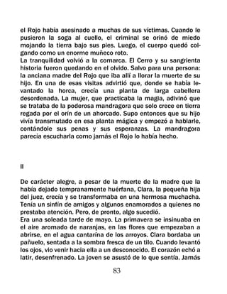 el Rojo había asesinado a muchas de sus víctimas. Cuando le
pusieron la soga al cuello, el criminal se orinó de miedo
mojando la tierra bajo sus pies. Luego, el cuerpo quedó col-
gando como un enorme muñeco roto.
La tranquilidad volvió a la comarca. El Cerro y su sangrienta
historia fueron quedando en el olvido. Salvo para una persona:
la anciana madre del Rojo que iba allí a llorar la muerte de su
hijo. En una de esas visitas advirtió que, donde se había le-
vantado la horca, crecía una planta de larga cabellera
desordenada. La mujer, que practicaba la magia, adivinó que
se trataba de la poderosa mandragora que solo crece en tierra
regada por el orín de un ahorcado. Supo entonces que su hijo
vivía transmutado en esa planta mágica y empezó a hablarle,
contándole sus penas y sus esperanzas. La mandragora
parecía escucharla como jamás el Rojo lo había hecho.



II

De carácter alegre, a pesar de la muerte de la madre que la
había dejado tempranamente huérfana, Clara, la pequeña hija
del juez, crecía y se transformaba en una hermosa muchacha.
Tenía un sinfín de amigos y algunos enamorados a quienes no
prestaba atención. Pero, de pronto, algo sucedió.
Era una soleada tarde de mayo. La primavera se insinuaba en
el aire aromado de naranjas, en las flores que empezaban a
abrirse, en el agua cantarína de los arroyos. Clara bordaba un
pañuelo, sentada a la sombra fresca de un tilo. Cuando levantó
los ojos, vio venir hacia ella a un desconocido. El corazón echó a
latir, desenfrenado. La joven se asustó de lo que sentía. Jamás

                                  83
 