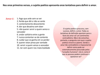 Nos onze primeiros versos, o sujeito poético apresenta onze tentativas para definir o amor.




  Amor é:    1. fogo que arde sem se ver
             2. ferida que dói e não se sente
             3. contentamento descontente
             4. dor que desatina sem doer
             5. não querer servir a quem vence o           O sujeito poético procurou, sem
                                                           sucesso, definir o amor. Todas as
             vencedor
                                                       tentativas de definição apontam para o
             6. andar solitário entre a gente             facto do amor ser um sentimento
             7. nunca contentar-se de contente            contraditório. Não é de estranhar,
             8. cuidar que se ganha em se perder       portanto, a pergunta com que o sujeito
             9. querer estar preso por vontade            poético encerra o poema. Sendo o
             10. servir a quem vence o vencedor        amor tão contraditório e impossível de
             11. ter com quem nos mata lealdade                 definir como pode ser
                                                         sistematicamente procurado pelos
                                                         “corações humanos”, isto é, como é
                                                          que as pessoas podem continuar a
                                                                    apaixonar-se?
 