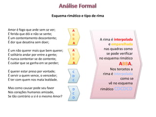 Esquema rimático e tipo de rima


Amor é fogo que arde sem se ver;         A
É ferida que dói e não se sente;         B
É um contentamento descontente;          B               A rima é interpolada
É dor que desatina sem doer;             A                    e emparelhada
É um não querer mais que bem querer;     A                  nas quadras como
É solitário andar por entre a gente;     B                   se pode verificar
É nunca contentar-se de contente;        B               no esquema rimático
É cuidar que se ganha em se perder;      A                           ABBA.
                                                               Nos tercetos a
É querer estar preso por vontade;        C
É servir a quem vence, o vencedor;                         rima é interpolada
                                         D
É ter com quem nos mata lealdade.        C                            como se
                                                              vê no esquema
Mas como causar pode seu favor           D               rimático CDCDCD
Nos corações humanos amizade,            C
Se tão contrário a si é o mesmo Amor?    D
 