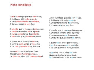 Plano Fonológico


Amor é um fogo que arde sem se ver,
                                        Amor é um fogo que arde sem se ver,
É ferida que dói, e não se sente;
                                        É ferida que dói, e não se sente;
É um contentamento descontente,
                                        É um contentamento descontente,
É dor que desatina sem doer.
                                        É dor que desatina sem doer.
É um não querer mais que bem querer;
                                        É um não querer mais que bem querer;
É um andar solitário entre a gente;
                                        É um andar solitário entre a gente;
É nunca contentar-se de contente;
                                        É nunca contentar-se de contente;
É um cuidar que ganha em se perder.
                                        É um cuidar que ganha em se perder.
É querer estar preso por vontade;
                                        É querer estar preso por vontade;
É servir a quem vence, o vencedor;
                                        É servir a quem vence, o vencedor;
É ter com quem nos mata, lealdade.
                                        É ter com quem nos mata, lealdade.
Mas como causar pode seu favor
                                        Mas como causar pode seu favor
Nos corações humanos amizade,
                                        Nos corações humanos amizade,
Se tão contrário a si é o mesmo Amor?
                                        Se tão contrário a si é o mesmo Amor?
 