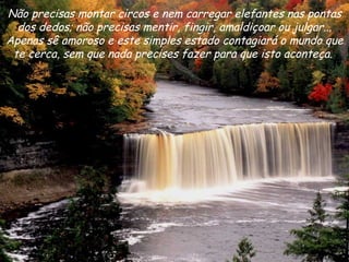 Não precisas montar circos e nem carregar elefantes nas pontas dos dedos; não precisas mentir, fingir, amaldiçoar ou julgar... Apenas sê amoroso e este simples estado contagiará o mundo que te cerca, sem que nada precises fazer para que isto aconteça.  