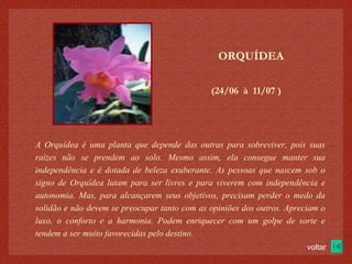 (24/06  à  11/07 )‏ ORQUÍDEA A Orquídea é uma planta que depende das outras para sobreviver, pois suas raízes não se prendem ao solo. Mesmo assim, ela consegue manter sua independência e é dotada de beleza exuberante. As pessoas que nascem sob o signo de Orquídea lutam para ser livres e para viverem com independência e autonomia. Mas, para alcançarem seus objetivos, precisam perder o medo da solidão e não devem se preocupar tanto com as opiniões dos outros. Apreciam o luxo, o conforto e a harmonia. Podem enriquecer com um golpe de sorte e tendem a ser muito favorecidas pelo destino. voltar 