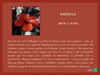 (06/08  à  28/08 )‏ PAPOULA Essa flor de cores brilhantes é a fonte do extrato usado para preparar o ópio. As pessoas nascidas sob o signo de Papoula gostam de viver em ritmo de aventura. São otimistas, alegres e fazem questão de disseminar energia positiva e alto astral por onde quer que passem. Estão sempre em busca de novidades e não se lamentam quando algo dá errado, pois acreditam na importância de aprender com as experiências. Buscam avidamente os novos conhecimentos e colocam paixão em tudo que fazem. Tendem a exercer verdadeiro fascínio sobre o sexo oposto, mas podem se comportar de um jeito bastante instável nos relacionamentos amorosos. voltar 