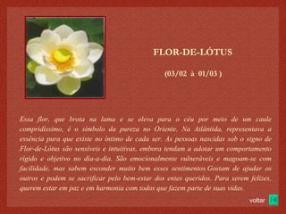 (03/02  à  01/03 )‏ FLOR-DE-LÓTUS Essa flor, que brota na lama e se eleva para o céu por meio de um caule compridíssimo, é o símbolo da pureza no Oriente. Na Atlântida, representava a essência pura que existe no íntimo de cada ser. As pessoas nascidas sob o signo de Flor-de-Lótus são sensíveis e intuitivas, embora tendam a adotar um comportamento rígido e objetivo no dia-a-dia. São emocionalmente vulneráveis e magoam-se com facilidade, mas sabem esconder muito bem esses sentimentos.Gostam de ajudar os outros e podem se sacrificar pelo bem-estar dos entes queridos. Para serem felizes, querem estar em paz e em harmonia com todos que fazem parte de suas vidas. voltar 