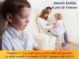 Amoris lætitia
la joie de l'amour
Chapitre 2 – Les expériences et les défis des familles
La réalité actuelle de la famille (32-49) - Quelques défis (50-57)
 