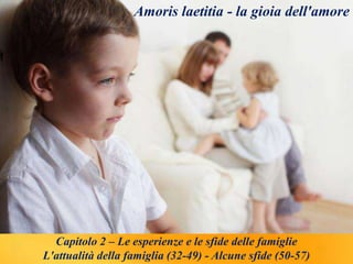 Amoris laetitia - la gioia dell'amore
Capitolo 2 – Le esperienze e le sfide delle famiglie
L'attualità della famiglia (32-49) - Alcune sfide (50-57)
 
