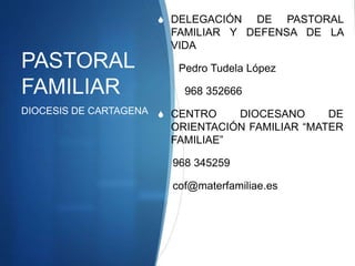 PASTORAL
FAMILIAR
S DELEGACIÓN DE PASTORAL
FAMILIAR Y DEFENSA DE LA
VIDA
Pedro Tudela López
968 352666
S CENTRO DIOCESANO DE
ORIENTACIÓN FAMILIAR “MATER
FAMILIAE”
968 345259
cof@materfamiliae.es
DIOCESIS DE CARTAGENA
 