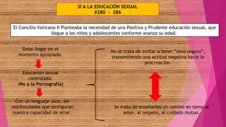 SÍ A LA EDUCACIÓN SEXUAL
#280 - 286
El Concilio Vaticano II Planteaba la necesidad de una Positiva y Prudente educación sexual, que
llegue a los niños y adolescentes conforme avanza su edad.
Debe llegar en el
momento apropiado.
Educación sexual
controlada.
(No a la Pornografía)
Con un lenguaje sano, sin
morbosidades que desfiguran
nuestra capacidad de amar.
No se trata de invitar a tener “sexo seguro”,
transmitiendo una actitud negativa hacia la
procreación.
Se trata de enseñarles un camino en torno al
amor, al respeto, al cuidado mutuo.
 