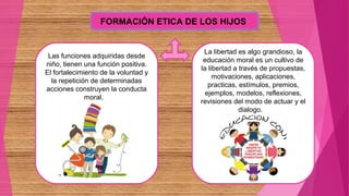 Las funciones adquiridas desde
niño, tienen una función positiva.
El fortalecimiento de la voluntad y
la repetición de determinadas
acciones construyen la conducta
moral.
La libertad es algo grandioso, la
educación moral es un cultivo de
la libertad a través de propuestas,
motivaciones, aplicaciones,
practicas, estímulos, premios,
ejemplos, modelos, reflexiones,
revisiones del modo de actuar y el
dialogo.
FORMACIÓN ETICA DE LOS HIJOS
 