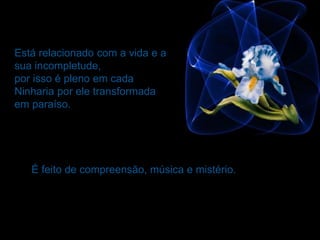 Está relacionado com a vida e a
sua incompletude,
por isso é pleno em cada
Ninharia por ele transformada
em paraíso.
É feito de compreensão, música e mistério.
 