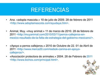 REFERENCIAS
• Ana. «adopta mascota.» 10 de julio de 2009. 28 de febrero de 2011
<http://www.adoptamascota.com/ayudaya.htm>.
• Animal, Muy. «muy animal.» 11 de marzo de 2010. 28 de febrero de
2011 <http://muyanimal.com/2010/03/11/perros-callejeros-en-
mexico-resultado-de-la-falta-de-estrategia-del-gobierno-mexicano/>.
• «Apoyo a perros callejeros.» 2010 de Octubre de 22. 01 de Abril de
2011 <http://www.merca20.com/reebok-canina-en-apoyo-
callejeros/>.
• «Asociación protectora de animales.» 2004. 28 de Febrero de 2011
<http://www.bichos.com/principal.html>.
 