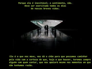 Porque ela é inevitável; o sentimento, não.
Deve ser exercitado todos os dias
de nossas breves vidas.
Ele é o que nos move, nos dá o chão para que possamos caminhar
pela vida com a certeza de que, haja o que houver, teremos sempre
alguém com quem contar, que nos apoiará mesmo nos momentos em que
não tenhamos razão.
 