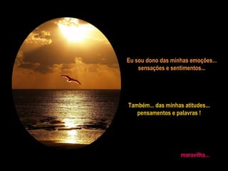 Eu sou dono das minhas emoções...
sensações e sentimentos...
Também... das minhas atitudes...
pensamentos e palavras !
maravilha...
 