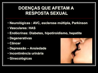 DOENÇAS QUE AFETAM A
RESPOSTA SEXUAL
• Neurológicas : AVC, esclerose múltipla, Parkinson
• Vasculares: HAS
• Endócrinas: Diabetes, hipotiroidismo, hepatite
• Degenerativas
• Câncer
• Depressão – Ansiedade
• Incontinência urinária
• Ginecológicas
 