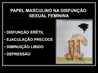 PAPEL MASCULINO NA DISFUNÇÃO
SEXUAL FEMININA
• DISFUNÇÃO ERÉTIL
• EJACULAÇÃO PRECOCE
• DIMINUIÇÃO LIBIDO
• DEPRESSÃO
 