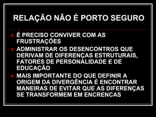 RELAÇÃO NÃO É PORTO SEGURO
 É PRECISO CONVIVER COM AS
FRUSTRAÇÕES
 ADMINISTRAR OS DESENCONTROS QUE
DERIVAM DE DIFERENÇAS ESTRUTURAIS,
FATORES DE PERSONALIDADE E DE
EDUCAÇÃO
 MAIS IMPORTANTE DO QUE DEFINIR A
ORIGEM DA DIVERGÊNCIA É ENCONTRAR
MANEIRAS DE EVITAR QUE AS DIFERENÇAS
SE TRANSFORMEM EM ENCRENCAS
 