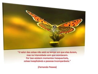 "O valor das coisas não está no tempo em que elas duram, mas na intensidade com que acontecem. Por isso existem momentos inesquecíveis, coisas inexplicáveis e pessoas incomparáveis."(Fernando Pessoa)