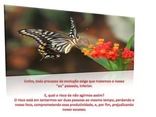 Enfim, todo processo de evolução exige que matemos o nosso "eu" passado, inferior.E, qual o risco de não agirmos assim?O risco está em tentarmos ser duas pessoas ao mesmo tempo, perdendo o nosso foco, comprometendo essa produtividade, e, por fim, prejudicando nosso sucesso.