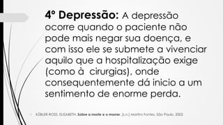  KÜBLER-ROSS, ELISABETH. Sobre a morte e o morrer. [s.n.] Martins Fontes. São Paulo, 2005
4º Depressão: A depressão
ocorre quando o paciente não
pode mais negar sua doença, e
com isso ele se submete a vivenciar
aquilo que a hospitalização exige
(como à cirurgias), onde
consequentemente dá inicio a um
sentimento de enorme perda.
 