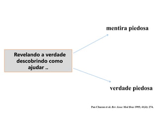 Revelando a verdade
descobrindo como
ajudar ..
mentira piedosa
verdade piedosa
Pan Chacon et al. Rev Assoc Med Bras 1995; 41(4): 274.
 