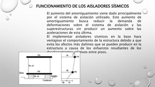 FUNCIONAMIENTO DE LOS AISLADORES SÍSMICOS
El aumento del amortiguamiento viene dado principalmente
por el sistema de aislación utilizado. Este aumento de
amortiguamiento busca reducir la demanda de
deformaciones sobre el sistema de aislación y las
superestructuras sin producir un aumento sobre las
aceleraciones de esta última.
El implementar aisladores sísmicos en la base hace
ventajoso el comportamiento de la estructura debido a que
evita los afectos más dañinos que se pueden producir en la
estructura a causa de los esfuerzos resultantes de los
desplazamientos relativos entre pisos.
 