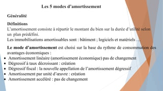 Les 5 modes d’amortissement
Généralité
Définitions
L’amortissement consiste à répartir le montant du bien sur la durée d’utilité selon
un plan prédéfini.
Les immobilisations amortissables sont : bâtiment ; logiciels et matériels …
Le mode d’amortissement est choisi sur la base du rythme de consommation des
avantages économiques :
 Amortissement linéaire (amortissement économique) pas de changement
 Dégressif à taux décroissant : création
 Dégressif fiscal : la nouvelle appellation de l’amortissement dégressif
 Amortissement par unité d’œuvre : création
 Amortissement accéléré : pas de changement
 