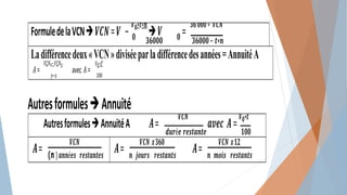 FormuledelaVCN𝑽𝑪𝑵=𝑽 −
𝑽𝟎∗𝒕∗𝒏
𝑽 =
𝟑𝟔𝟎𝟎𝟎∗ 𝑽𝑪𝑵
𝟎 𝟑𝟔𝟎𝟎𝟎 𝟎 𝟑𝟔𝟎𝟎𝟎− 𝒕∗𝒏
Ladifférencedeux«VCN»diviséeparladifférencedesannées=AnnuitéA
𝑉𝐶𝑁𝑥−𝑉𝐶𝑁𝑦 𝑉0∗𝑇
𝐴= avec 𝐴=
𝑦−𝑥 100
AutresformulesAnnuité
AutresformulesAnnuitéA 𝑨=
𝑽𝑪𝑵
𝒂𝒗𝒆𝒄 𝑨=
𝑽𝟎∗𝒕
𝒅𝒖𝒓é𝒆 𝒓𝒆𝒔𝒕𝒂𝒏𝒕𝒆 𝟏𝟎𝟎
𝑨=
𝑽𝑪𝑵
(n )𝒂𝒏𝒏é𝒆𝒔 𝒓𝒆𝒔𝒕𝒂𝒏𝒕𝒆𝒔
𝑨=
𝑽𝑪𝑵 𝒙𝟑𝟔𝟎
𝑨=
𝑽𝑪𝑵 𝒙𝟏𝟐
𝒏 𝒋𝒐𝒖𝒓𝒔 𝒓𝒆𝒔𝒕𝒂𝒏𝒕𝒔 𝒏 𝒎𝒐𝒊𝒔 𝒓𝒆𝒔𝒕𝒂𝒏𝒕𝒔
 