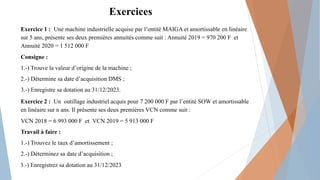 Exercices
Exercice 1 : Une machine industrielle acquise par l’entité MAIGA et amortissable en linéaire
sur 5 ans, présente ses deux premières annuités comme suit : Annuité 2019 = 970 200 F et
Annuité 2020 = 1 512 000 F
Consigne :
1.-) Trouve la valeur d’origine de la machine ;
2.-) Détermine sa date d’acquisition DMS ;
3.-) Enregistre sa dotation au 31/12/2023.
Exercice 2 : Un outillage industriel acquis pour 7 200 000 F par l’entité SOW et amortissable
en linéaire sur n ans. Il présente ses deux premières VCN comme suit :
VCN 2018 = 6 993 000 F et VCN 2019 = 5 913 000 F
Travail à faire :
1.-) Trouvez le taux d’amortissement ;
2.-) Déterminez sa date d’acquisition ;
3.-) Enregistrez sa dotation au 31/12/2023
 