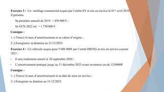 Exercice 3 : Un outillage commercial acquis par l’entité SY et mis en service le 01er avril 2019.
Il présente
• Sa première annuité de 2019 = 450 000 F ;
• Sa VCN 2022 est = 1 750 000 F.
Consigne :
1.-) Trouve le taux d’amortissement et sa valeur d’origine ;
2.-) Enregistrez sa dotation au 31/12/2023.
Exercice 4 : Un véhicule acquis pour 5 000 000F par l’entité DIENG et mis en service courant
2021 :
• Il sera totalement amorti le 30 septembre 2026 ;
• L’amortissement pratiqué jusqu’au 31 décembre 2023 avant inventaire est de 1250000F
Consigne :
1.-) Trouve le taux d’amortissement et sa date de mise en service ;
2.-) Enregistre sa dotation au 31/12/2023.
 