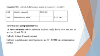 Exercice 03 : Extrait de la balance avant inventaire 31/12/2021
Informations complémentaires :
Le matériel industriel est amorti en accéléré durée de vie « n » ans, mis en
service 18 août 2018.
Calculer le taux d’amortissement
Calculer la dotation aux amortissements au 31/12/2021 puis enregistrer au
journal.
2411 Matériel industriel 3 240 000
2841 Amortissement MOIC 1 151 700
 