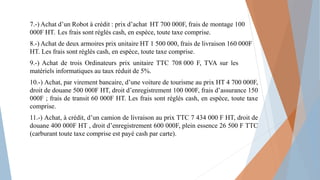 7.-) Achat d’un Robot à crédit : prix d’achat HT 700 000F, frais de montage 100
000F HT. Les frais sont réglés cash, en espèce, toute taxe comprise.
8.-) Achat de deux armoires prix unitaire HT 1 500 000, frais de livraison 160 000F
HT. Les frais sont réglés cash, en espèce, toute taxe comprise.
9.-) Achat de trois Ordinateurs prix unitaire TTC 708 000 F, TVA sur les
matériels informatiques au taux réduit de 5%.
10.-) Achat, par virement bancaire, d’une voiture de tourisme au prix HT 4 700 000F,
droit de douane 500 000F HT, droit d’enregistrement 100 000F, frais d’assurance 150
000F ; frais de transit 60 000F HT. Les frais sont réglés cash, en espèce, toute taxe
comprise.
11.-) Achat, à crédit, d’un camion de livraison au prix TTC 7 434 000 F HT, droit de
douane 400 000F HT , droit d’enregistrement 600 000F, plein essence 26 500 F TTC
(carburant toute taxe comprise est payé cash par carte).
 