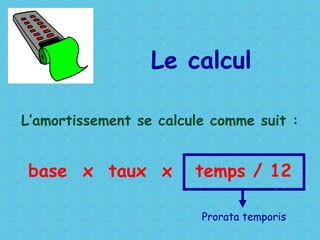 Le calcul
L’amortissement se calcule comme suit :
base x taux x temps / 12
Prorata temporis
 