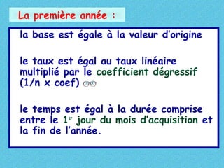 la base est égale à la valeur d’origine
le taux est égal au taux linéaire
multiplié par le coefficient dégressif
(1/n x coef)
le temps est égal à la durée comprise
entre le 1er
jour du mois d’acquisition et
la fin de l’année.
La première année :
 