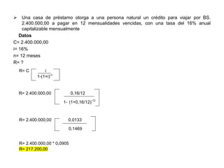  Una casa de préstamo otorga a una persona natural un crédito para viajar por BS.
2.400.000,00 a pagar en 12 mensualidades vencidas, con una tasa del 16% anual
capitalizable mensualmente
Datos
C= 2.400.000,00
i= 16%
n= 12 meses
R= ?
R= C i
1-(1+i)-n
R= 2.400.000,00 0,16/12
1- (1+0,16/12)-12
R= 2.400.000,00 0,0133
0,1469
R= 2.400.000,00 * 0,0905
R= 217.200,00
 