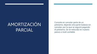 AMORTIZACIÓN
PARCIAL
Consiste en cancelar parte de un
préstamo, dejando otra parte todavía sin
cancelar, por lo que se seguirá pagando
el préstamo. Se ve reducido en nuestro
pasivo a nivel contable.
 