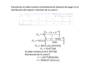 Calculemos el saldo insoluto inmediatamente después del pago 4 y la
distribución del capital e intereses de la cuota 5.
 