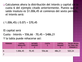    Calculamos ahora la distribución del interés y capital de la
    cuota 6 del ejemplo citado anteriormente. Puesto que el
    saldo insoluto es $1.006,45 al comienzo del sexto periodo,
    el interés será:

( 1.006,45) ( 0.07) = $70,45

El capital será
Cuota – Interés = 556,66 – 70,45 = $486,21
Y la tabla puede rehacerse así:
    PERIODO     CAPITAL     INTERÉS      CUOTA     CAPITAL   SALDO DEUDA
               INSOLUTO     VENCIDO        $       PAGADO    AL FINAL DEL
                   $           $                      $       PERIODO $

6             1.006,45    70,45       556,66     486,21      520,24
7
 