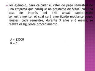   Por ejemplo, para calcular el valor de pago semestral de
    una empresa que consigue un préstamo de $3000 con una
    tasa    de     interés   del   14%  anual   capitalizable
    semestralmente, el cual será amortizado mediante pagos
    iguales, cada semestre, durante 3 años y 6 meses, se
    realiza el siguiente procedimiento.



     A = $3000
     R=?
 