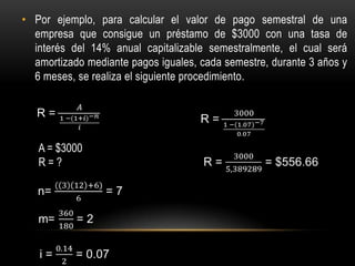 • Por ejemplo, para calcular el valor de pago semestral de una
  empresa que consigue un préstamo de $3000 con una tasa de
  interés del 14% anual capitalizable semestralmente, el cual será
  amortizado mediante pagos iguales, cada semestre, durante 3 años y
  6 meses, se realiza el siguiente procedimiento.




   A = $3000
   R=?
 
