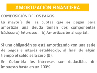 COMPOSICIÓN DE LOS PAGOS
La mayoría de las cuotas que se pagan para
amortizar una deuda tienen dos componentes
básicos: a) Intereses b) Amortización al capital.
Si una obligación se está amortizando con una serie
de pagos e interés establecido, al final de algún
tiempo el saldo será cero (0).
En Colombia los intereses son deducibles de
impuesto hasta en un 100%
AMORTIZACIÓN FINANCIERA
 