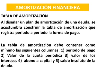 TABLA DE AMORTIZACIÓN
Al diseñar un plan de amortización de una deuda, se
acostumbra construir la tabla de amortización que
registra periodo a periodo la forma de pago.
La tabla de amortización debe contener como
mínimo las siguientes columnas: 1) periodo de pago
2) Valor de la cuota periódica 3) valor de los
intereses 4) abono a capital y 5) saldo insoluto de la
deuda.
AMORTIZACIÓN FINANCIERA
 